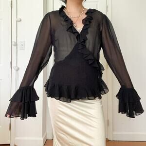 Moda International Silk Frilly Ruffle Wrap Tie Cardigan Top Fairy Whimsigoth Y2K